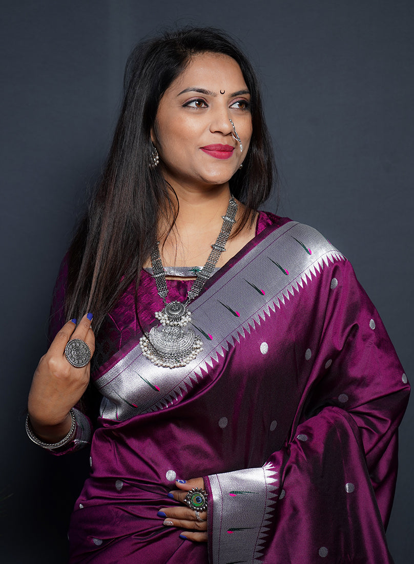 Monjolika Fashion Wine Paithani Silk Blend Saree with Silver Zari Border | Grocsy