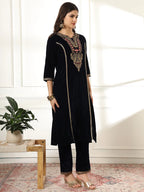 Yufta Velvet Black Kurta Dupatta Set With Embroidery | Grocsy