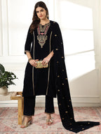Yufta Velvet Black Kurta Dupatta Set With Embroidery | Grocsy
