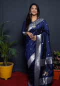 Monjolika Fashion Navy Blue Paithani Silk Blend Saree with Silver Zari Border | Grocsy