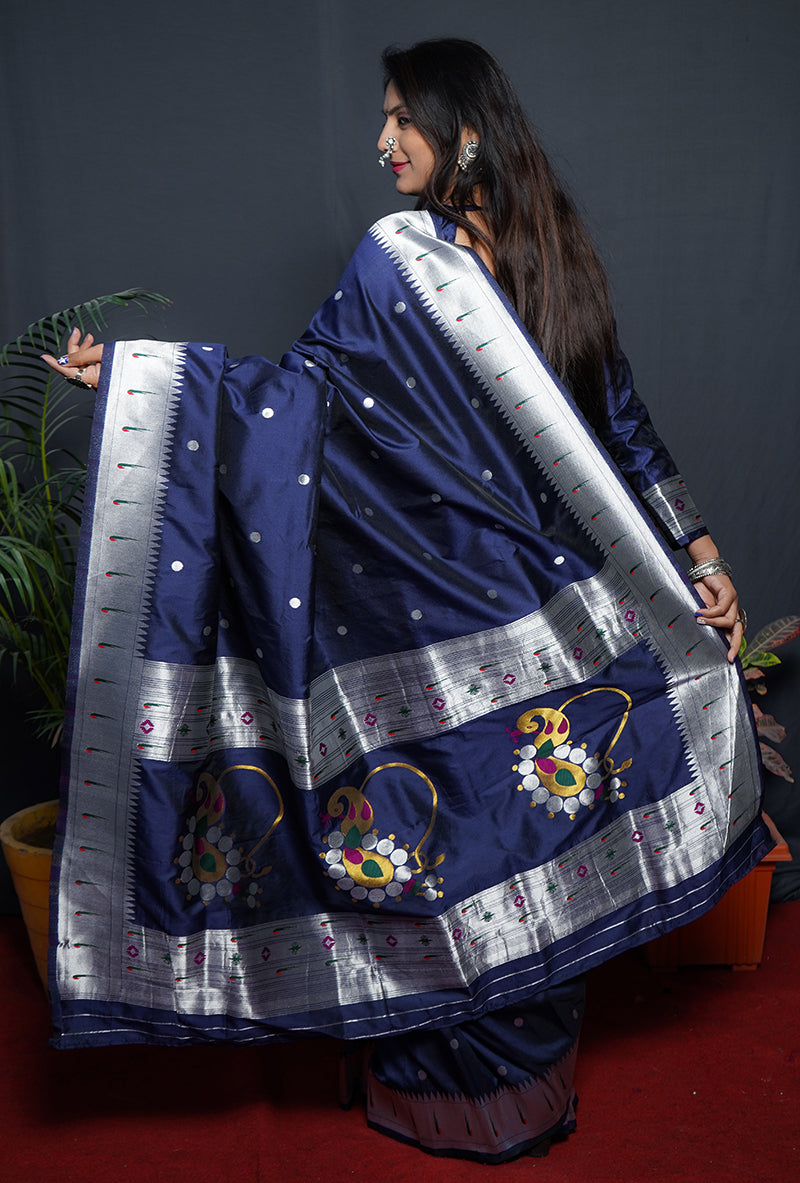 Monjolika Fashion Navy Blue Paithani Silk Blend Saree with Silver Zari Border | Grocsy