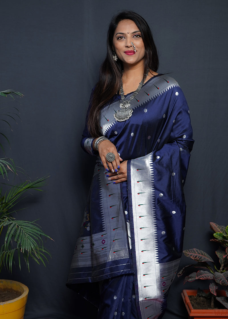 Monjolika Fashion Navy Blue Paithani Silk Blend Saree with Silver Zari Border | Grocsy