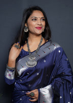 Monjolika Fashion Navy Blue Paithani Silk Blend Saree with Silver Zari Border | Grocsy