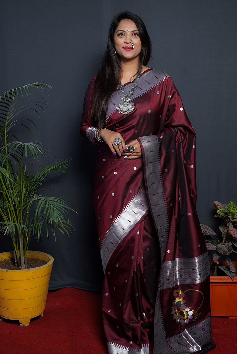 Monjolika Fashion Maroon Paithani Silk Blend Saree with Silver Zari Border | Grocsy