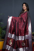 Monjolika Fashion Maroon Paithani Silk Blend Saree with Silver Zari Border | Grocsy