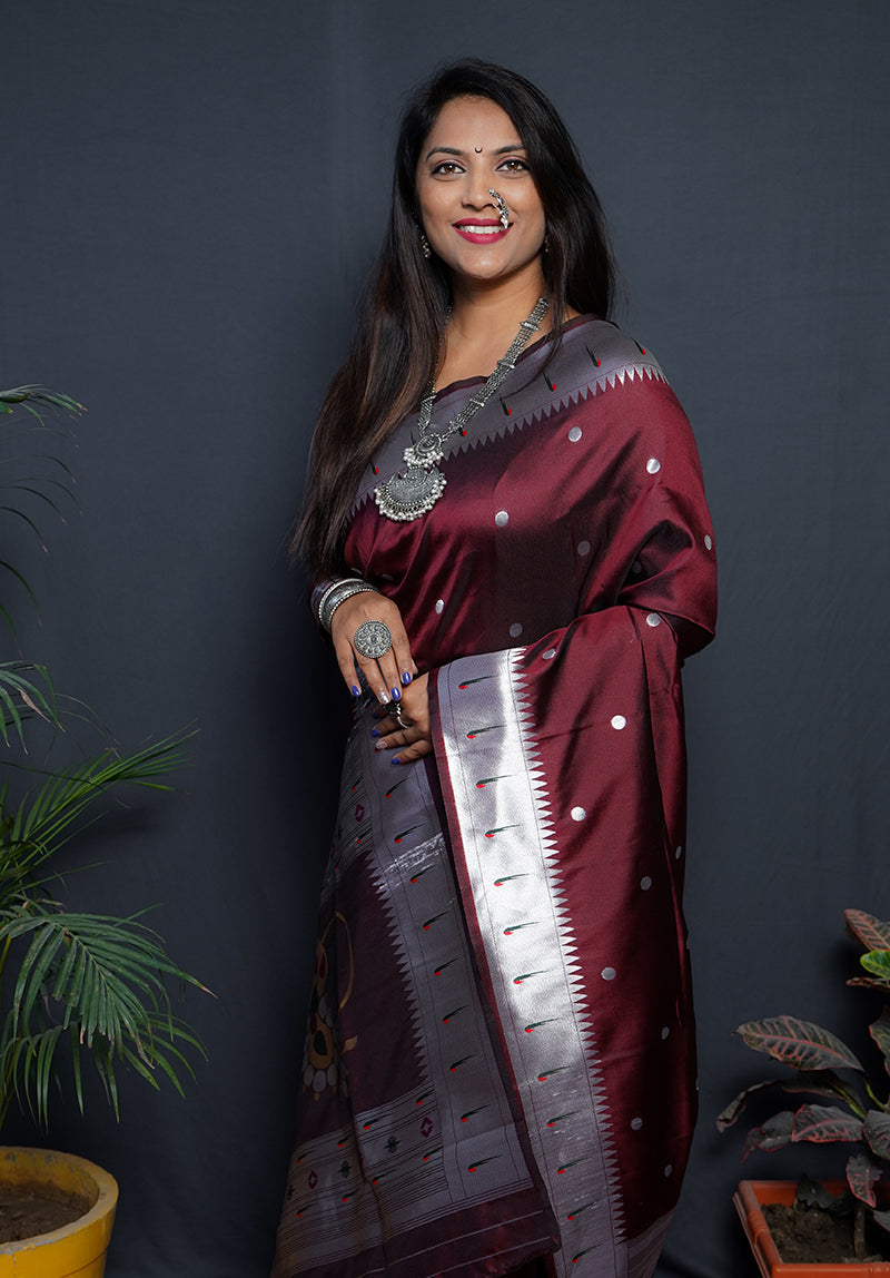 Monjolika Fashion Maroon Paithani Silk Blend Saree with Silver Zari Border | Grocsy