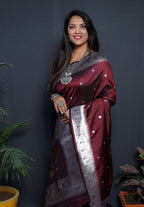 Monjolika Fashion Maroon Paithani Silk Blend Saree with Silver Zari Border | Grocsy
