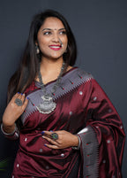 Monjolika Fashion Maroon Paithani Silk Blend Saree with Silver Zari Border | Grocsy