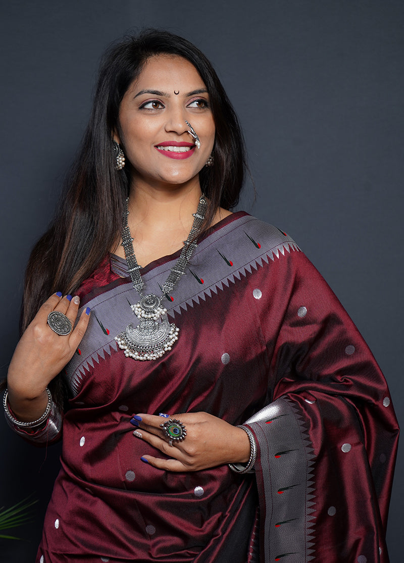 Monjolika Fashion Maroon Paithani Silk Blend Saree with Silver Zari Border | Grocsy