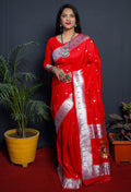 Monjolika Fashion Red Paithani Silk Blend Saree with Silver Zari Border | Grocsy