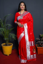 Monjolika Fashion Red Paithani Silk Blend Saree with Silver Zari Border | Grocsy