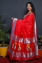 Monjolika Fashion Red Paithani Silk Blend Saree with Silver Zari Border | Grocsy