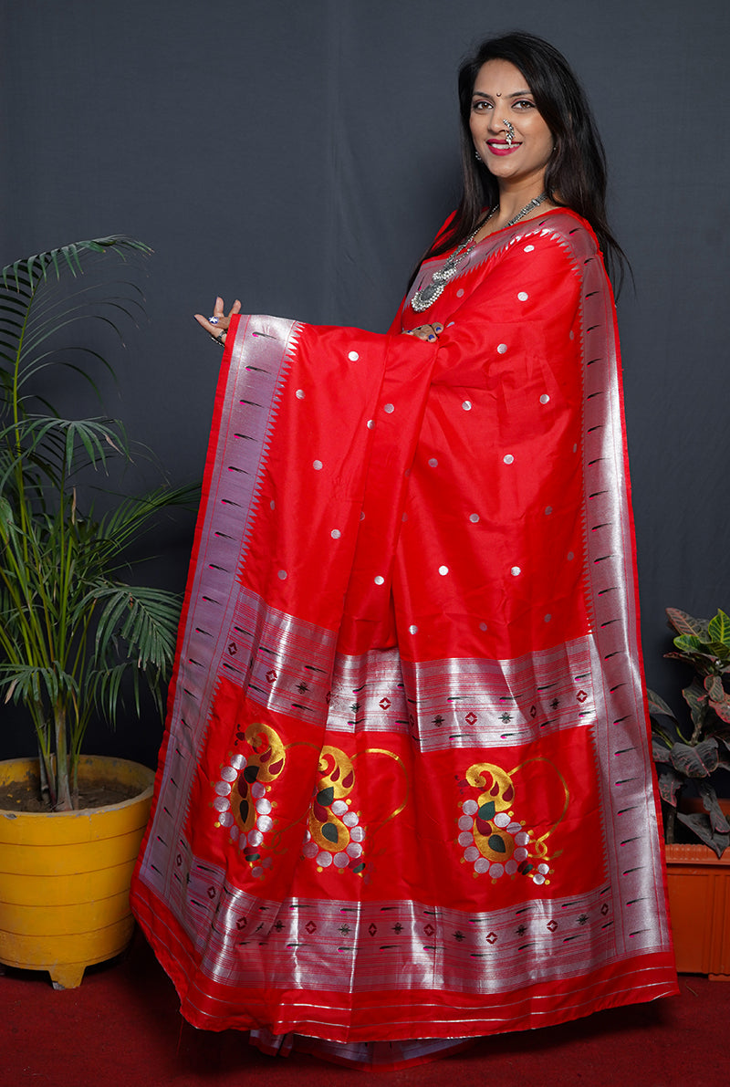 Monjolika Fashion Red Paithani Silk Blend Saree with Silver Zari Border | Grocsy