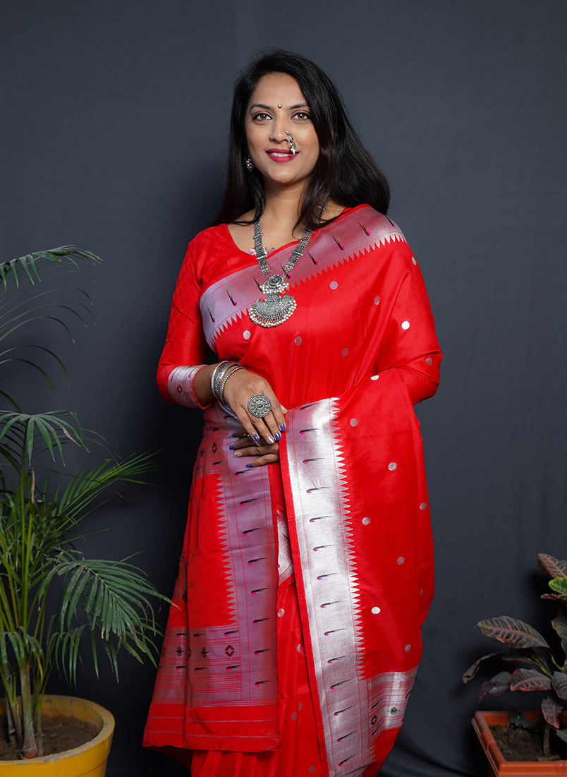 Monjolika Fashion Red Paithani Silk Blend Saree with Silver Zari Border | Grocsy