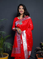 Monjolika Fashion Red Paithani Silk Blend Saree with Silver Zari Border | Grocsy
