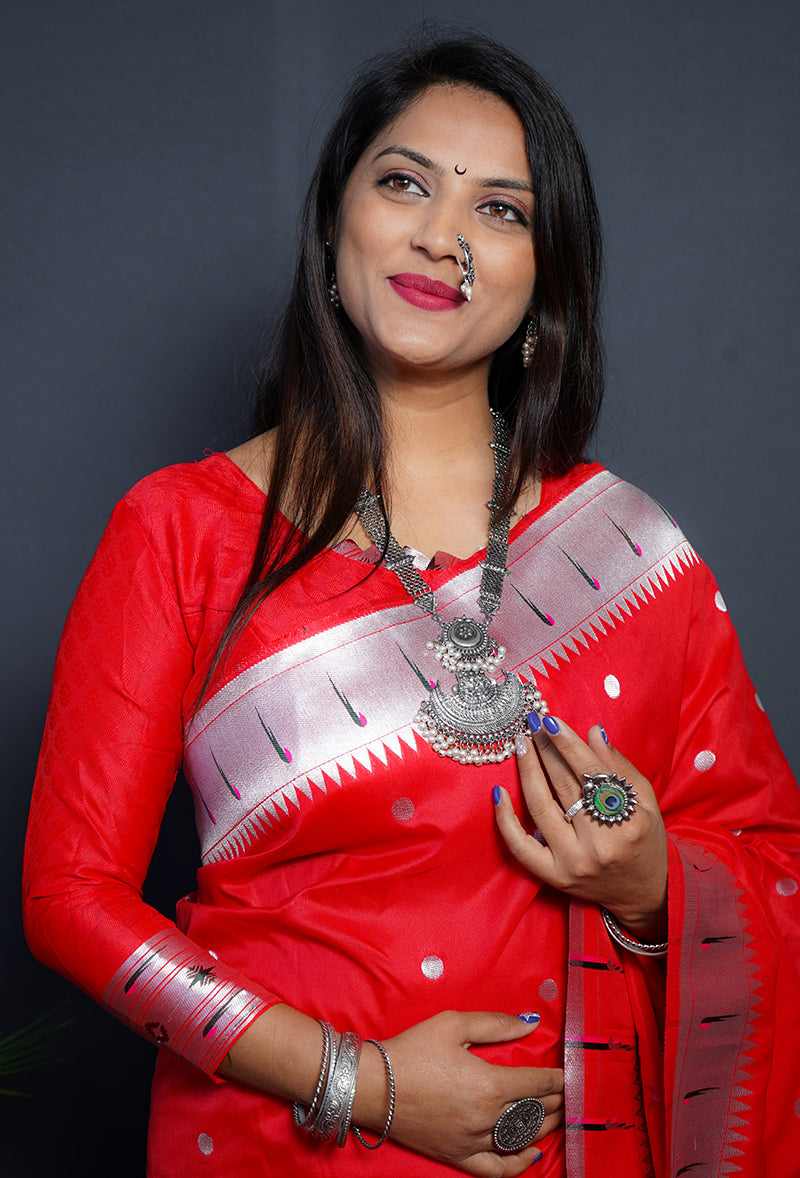 Monjolika Fashion Red Paithani Silk Blend Saree with Silver Zari Border | Grocsy
