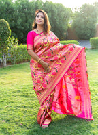 Monjolika Fashion Rani Pink Paithani Silk Blend Saree with Gold Zari & Peacock Meenakari Motif | Grocsy