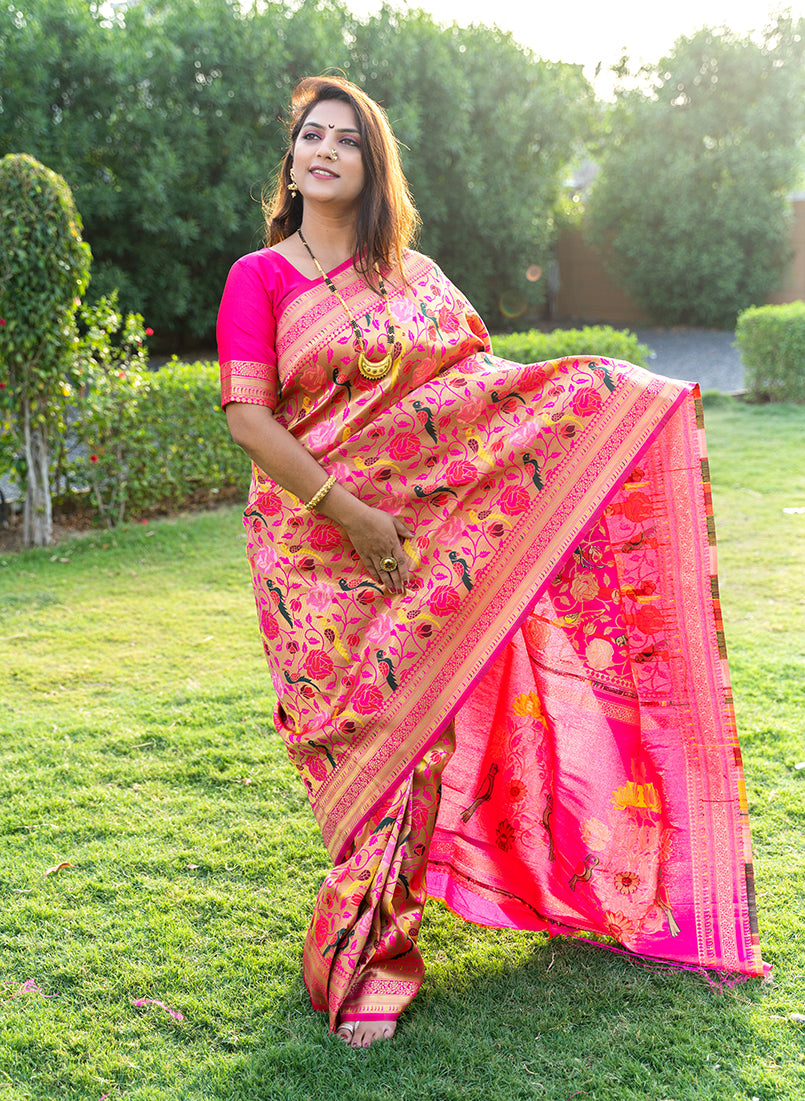 Monjolika Fashion Rani Pink Paithani Silk Blend Saree with Gold Zari & Peacock Meenakari Motif | Grocsy