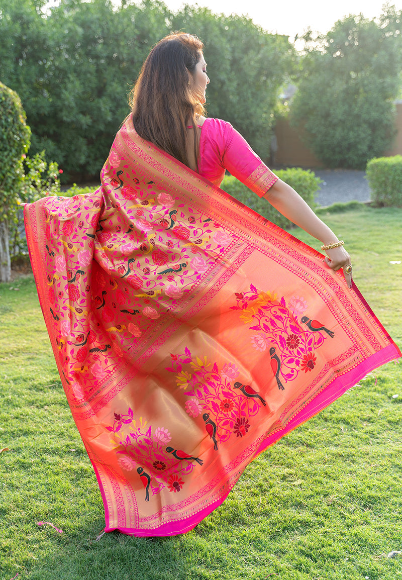 Monjolika Fashion Rani Pink Paithani Silk Blend Saree with Gold Zari & Peacock Meenakari Motif | Grocsy