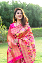 Monjolika Fashion Rani Pink Paithani Silk Blend Saree with Gold Zari & Peacock Meenakari Motif | Grocsy