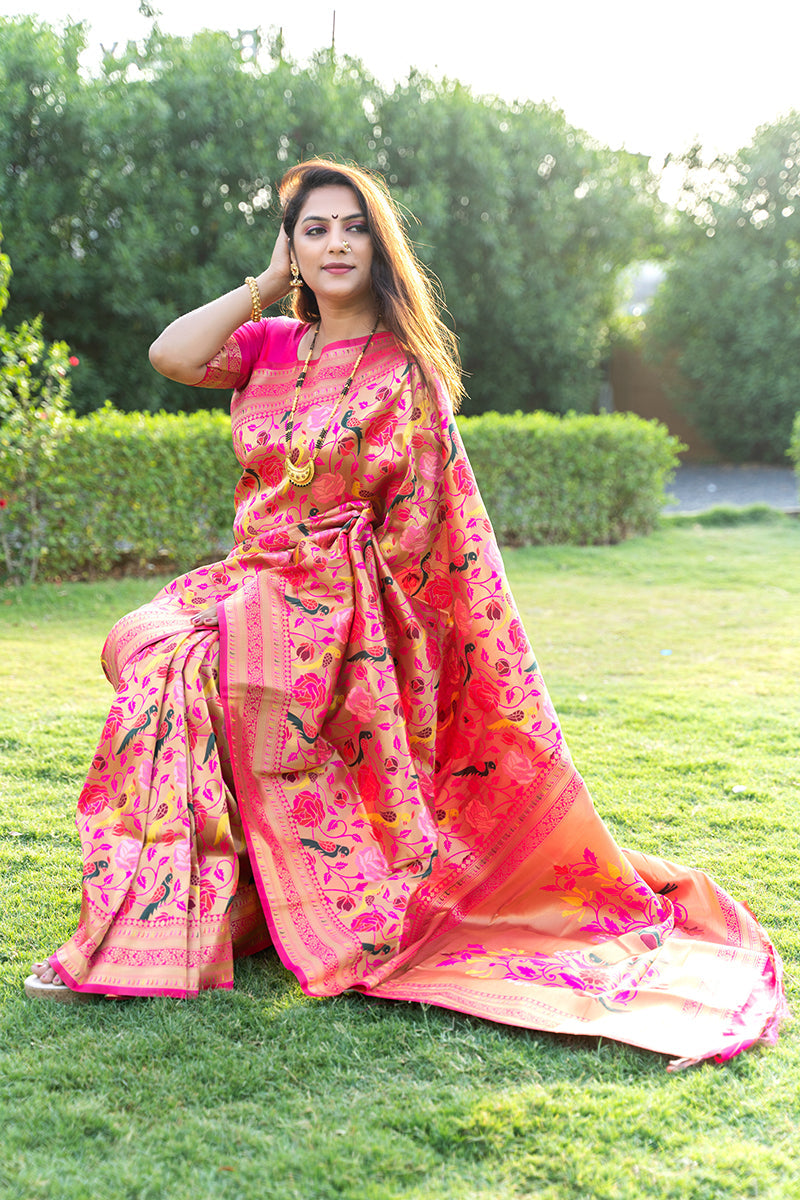Monjolika Fashion Rani Pink Paithani Silk Blend Saree with Gold Zari & Peacock Meenakari Motif | Grocsy