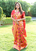 Monjolika Fashion Mustard & Gold Paithani Silk Blend Saree with Gold Zari & Peacock Meenakari Motif | Grocsy