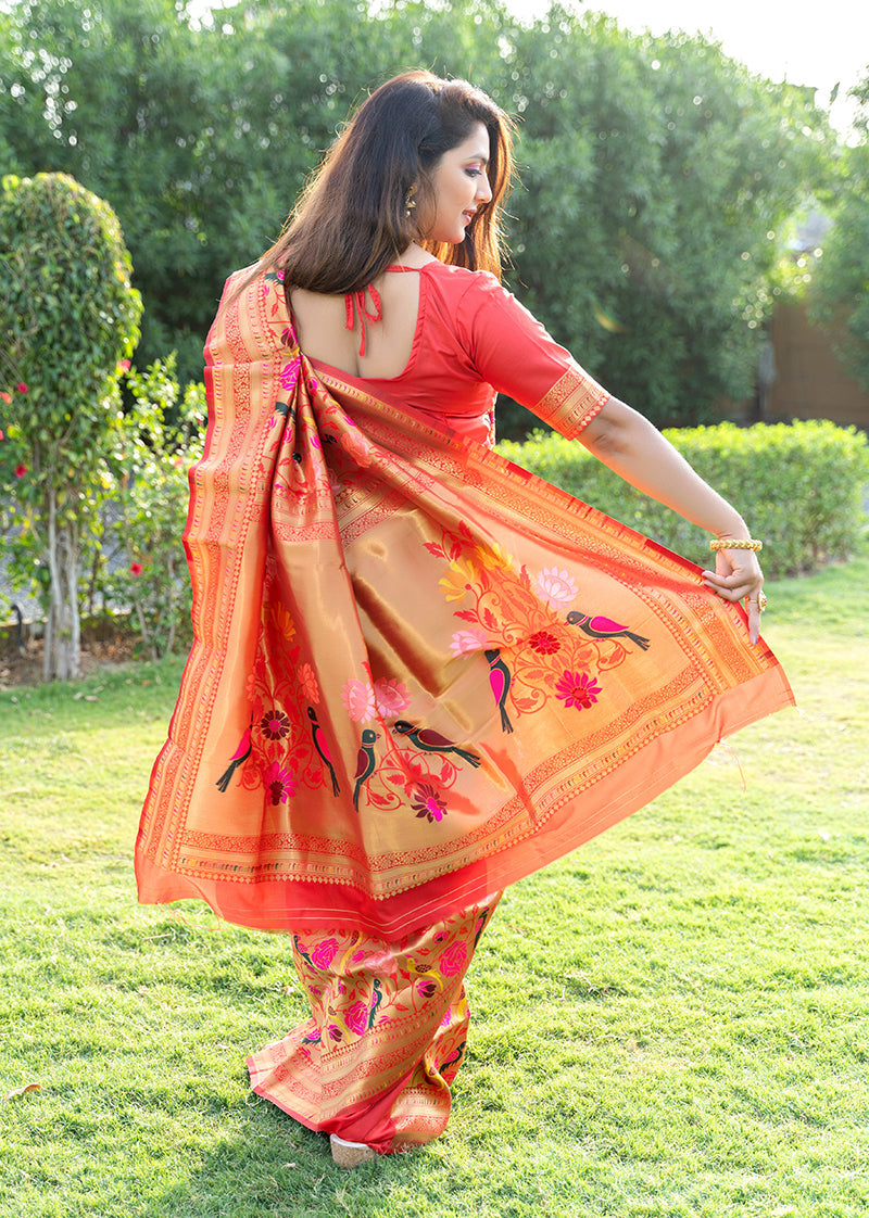 Monjolika Fashion Mustard & Gold Paithani Silk Blend Saree with Gold Zari & Peacock Meenakari Motif | Grocsy