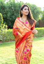 Monjolika Fashion Mustard & Gold Paithani Silk Blend Saree with Gold Zari & Peacock Meenakari Motif | Grocsy