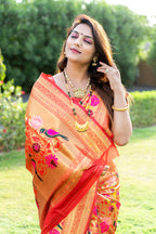 Monjolika Fashion Mustard & Gold Paithani Silk Blend Saree with Gold Zari & Peacock Meenakari Motif | Grocsy