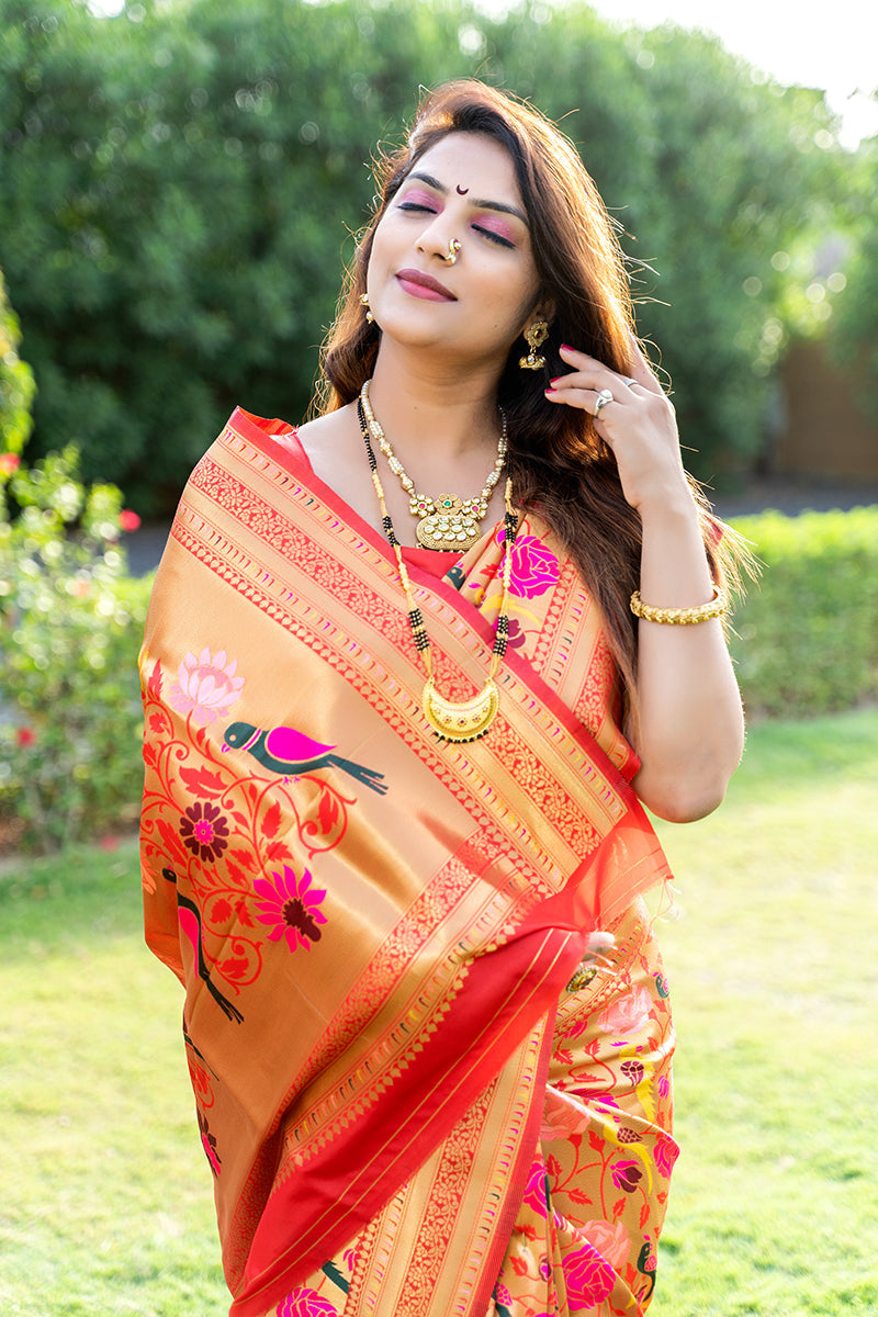 Monjolika Fashion Mustard & Gold Paithani Silk Blend Saree with Gold Zari & Peacock Meenakari Motif | Grocsy