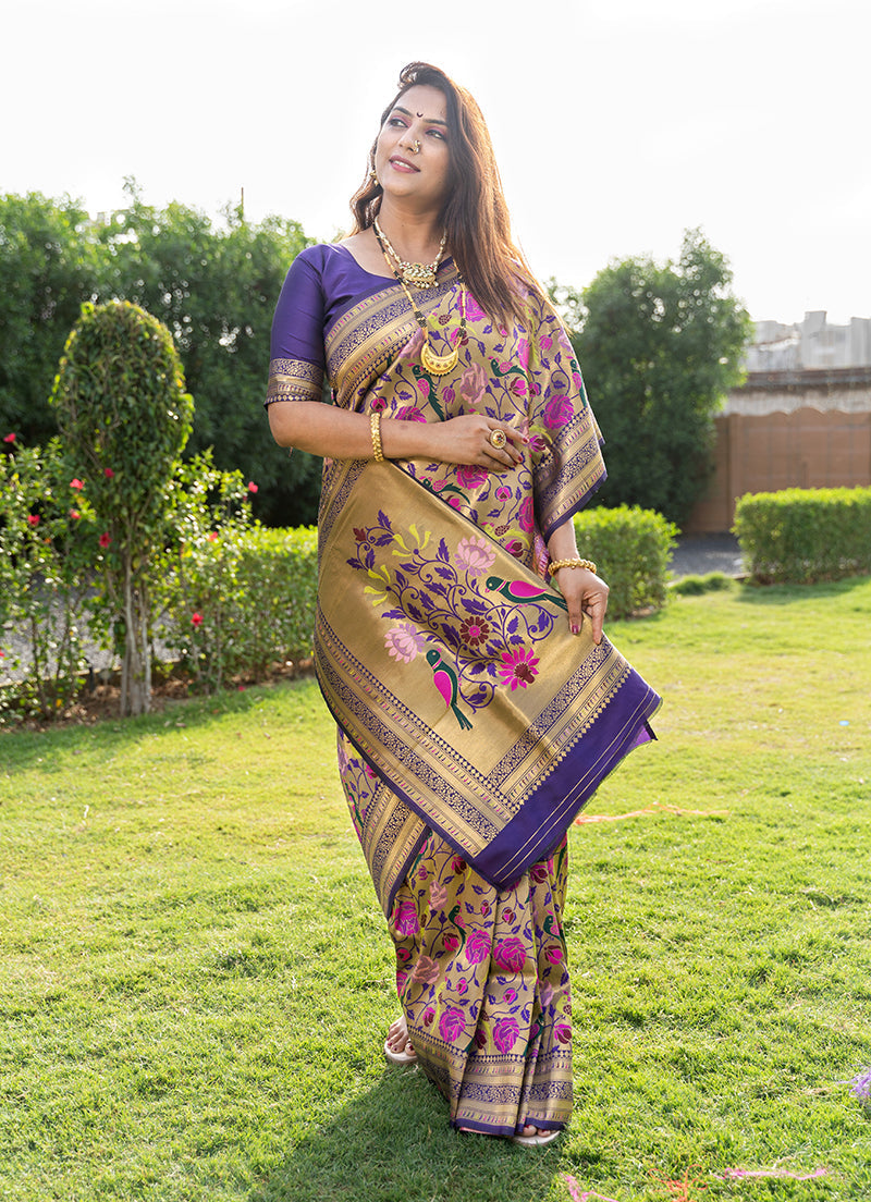 Monjolika Fashion Purple & Gold Paithani Silk Blend Saree with Gold Zari & Peacock Meenakari Motif | Grocsy