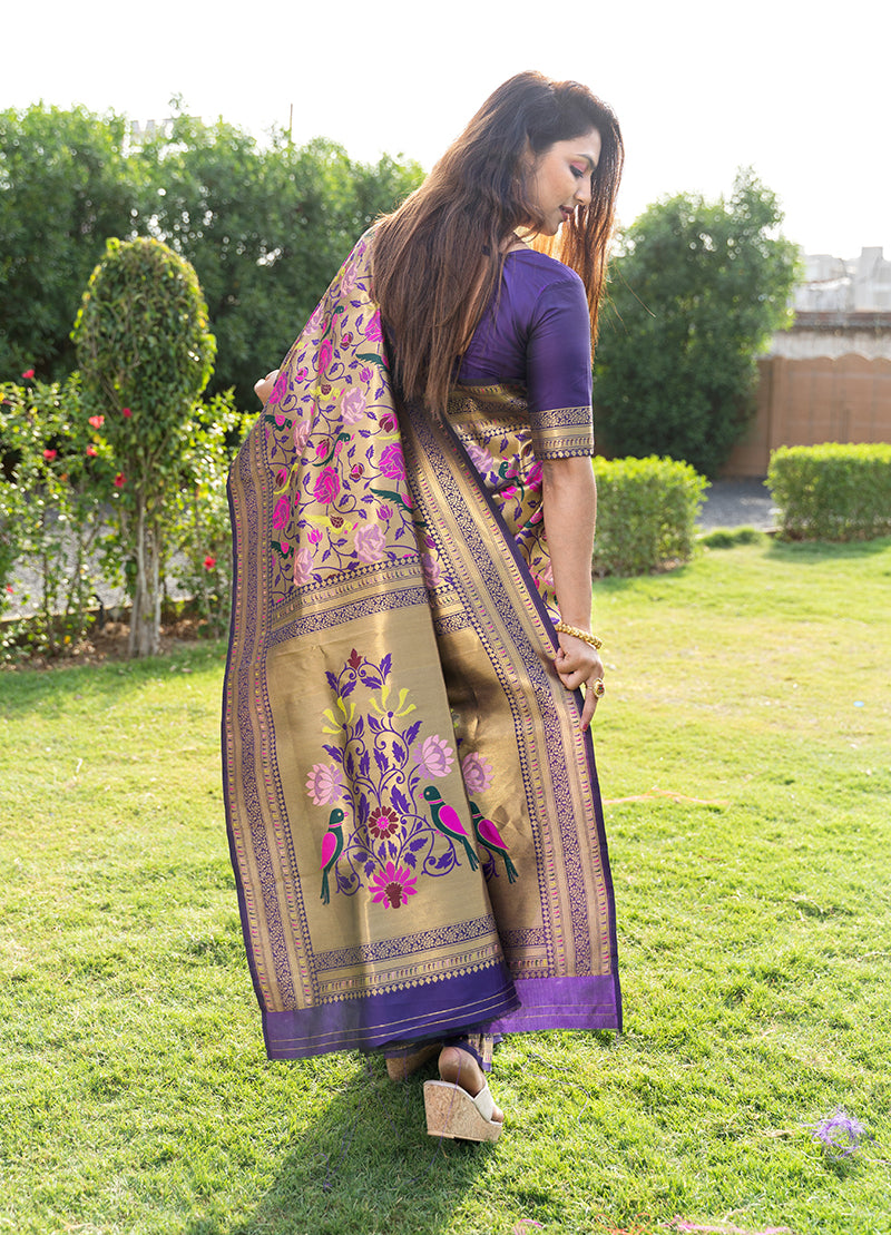 Monjolika Fashion Purple & Gold Paithani Silk Blend Saree with Gold Zari & Peacock Meenakari Motif | Grocsy