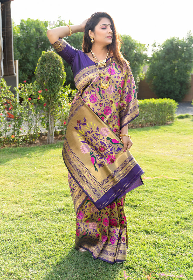 Monjolika Fashion Purple & Gold Paithani Silk Blend Saree with Gold Zari & Peacock Meenakari Motif | Grocsy