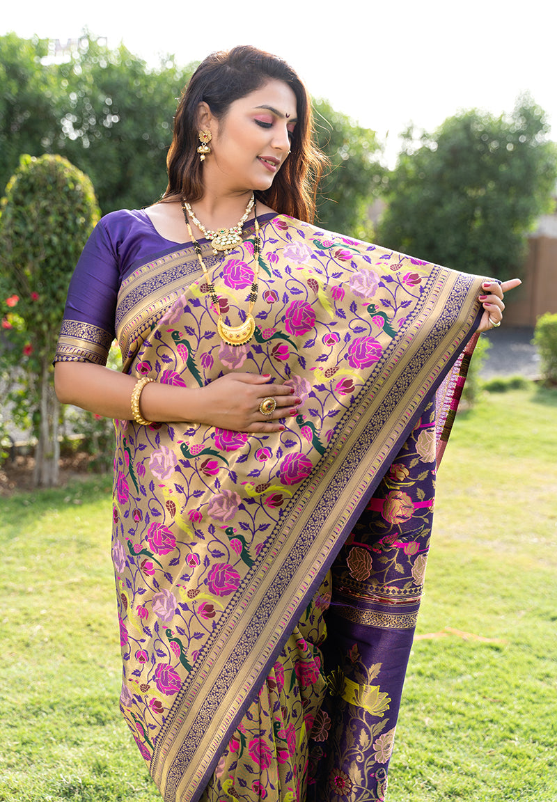 Monjolika Fashion Purple & Gold Paithani Silk Blend Saree with Gold Zari & Peacock Meenakari Motif | Grocsy