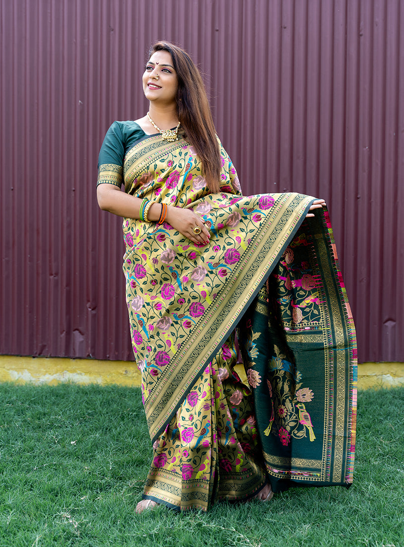 Monjolika Fashion Dark Green & Gold Paithani Silk Blend Saree with Gold Zari & Peacock Meenakari Motif | Grocsy