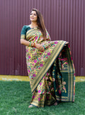 Monjolika Fashion Dark Green & Gold Paithani Silk Blend Saree with Gold Zari & Peacock Meenakari Motif | Grocsy