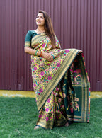 Monjolika Fashion Dark Green & Gold Paithani Silk Blend Saree with Gold Zari & Peacock Meenakari Motif | Grocsy