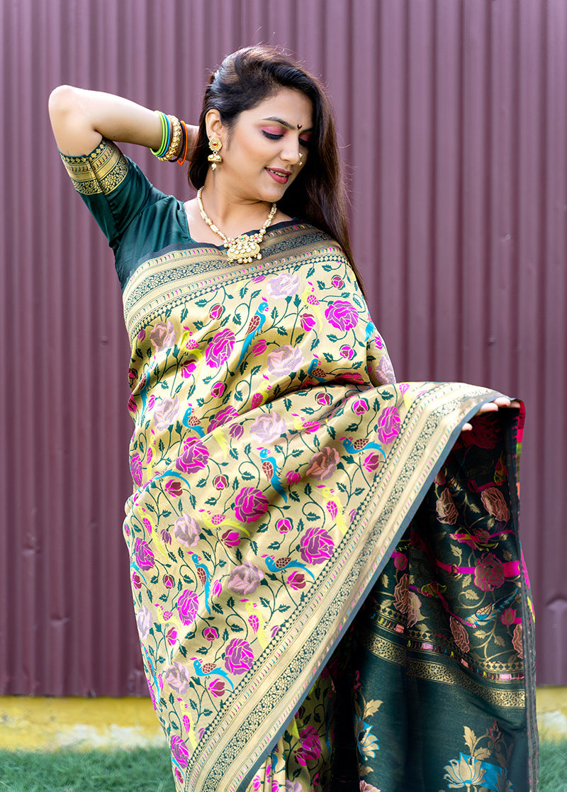 Monjolika Fashion Dark Green & Gold Paithani Silk Blend Saree with Gold Zari & Peacock Meenakari Motif | Grocsy