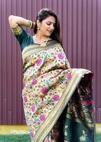Monjolika Fashion Dark Green & Gold Paithani Silk Blend Saree with Gold Zari & Peacock Meenakari Motif | Grocsy