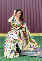 Monjolika Fashion Dark Green & Gold Paithani Silk Blend Saree with Gold Zari & Peacock Meenakari Motif | Grocsy