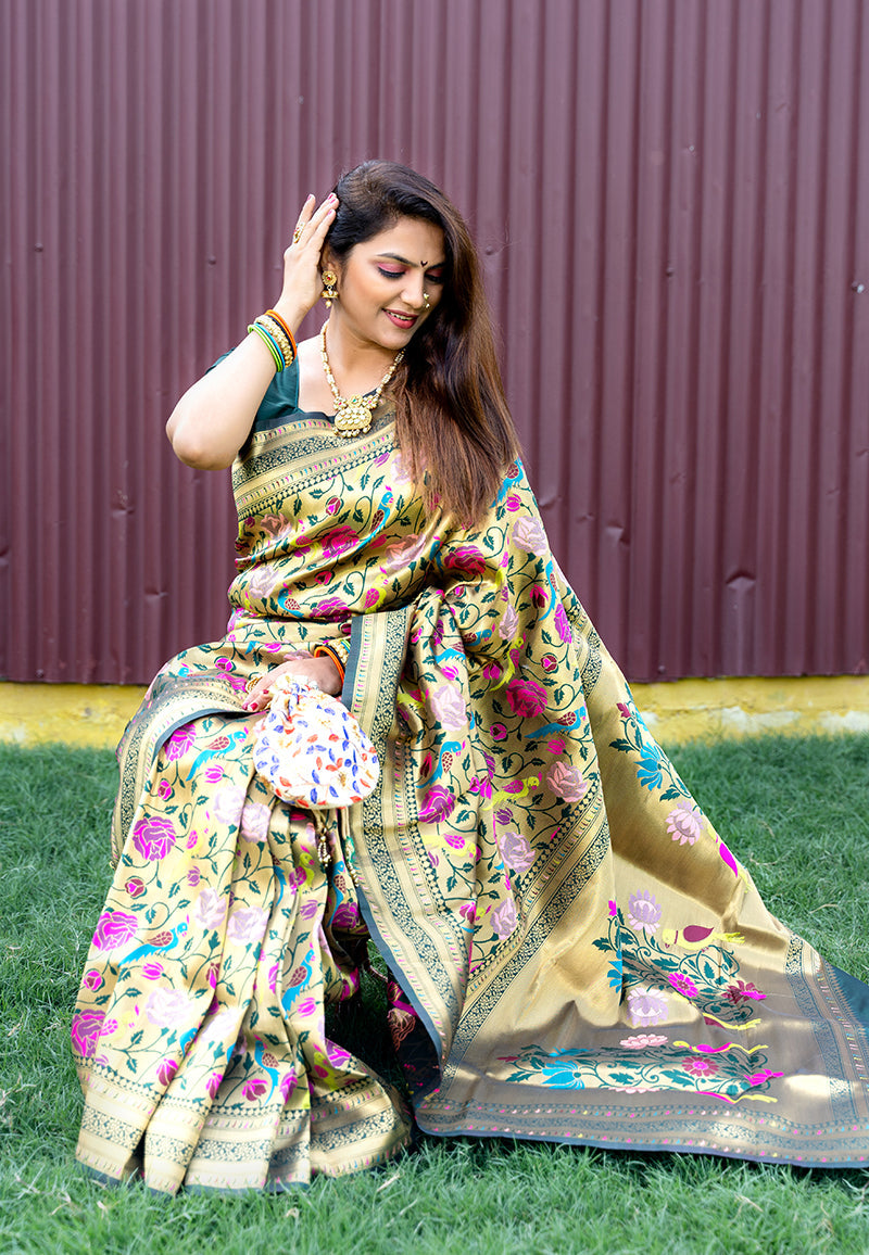 Monjolika Fashion Dark Green & Gold Paithani Silk Blend Saree with Gold Zari & Peacock Meenakari Motif | Grocsy