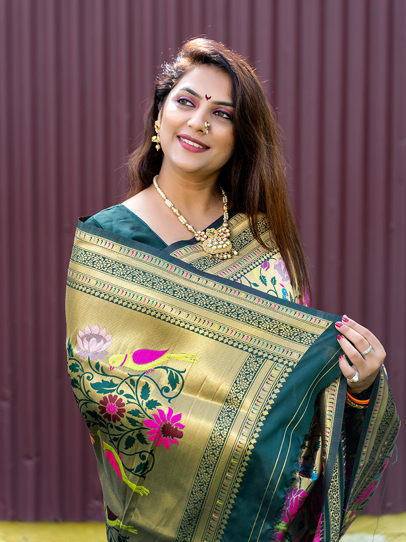 Monjolika Fashion Dark Green & Gold Paithani Silk Blend Saree with Gold Zari & Peacock Meenakari Motif | Grocsy