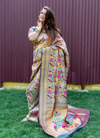 Monjolika Fashion Grey & Gold Paithani Silk Blend Saree with Gold Zari & Peacock Meenakari Motif | Grocsy