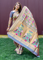 Monjolika Fashion Grey & Gold Paithani Silk Blend Saree with Gold Zari & Peacock Meenakari Motif | Grocsy