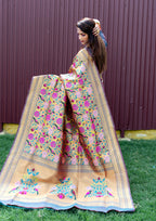 Monjolika Fashion Grey & Gold Paithani Silk Blend Saree with Gold Zari & Peacock Meenakari Motif | Grocsy