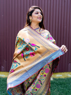 Monjolika Fashion Grey & Gold Paithani Silk Blend Saree with Gold Zari & Peacock Meenakari Motif | Grocsy