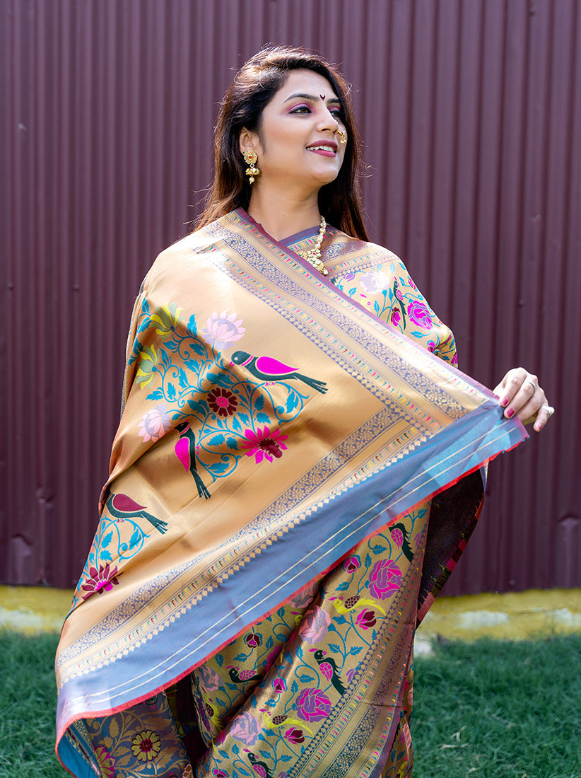 Monjolika Fashion Grey & Gold Paithani Silk Blend Saree with Gold Zari & Peacock Meenakari Motif | Grocsy