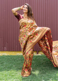 Monjolika Fashion Brown & Gold Paithani Silk Blend Saree with Gold Zari & Peacock Meenakari Motif | Grocsy