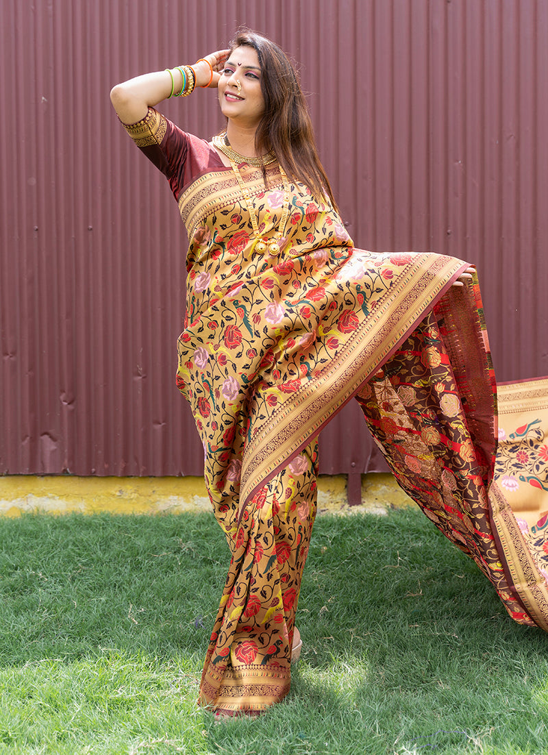Monjolika Fashion Brown & Gold Paithani Silk Blend Saree with Gold Zari & Peacock Meenakari Motif | Grocsy