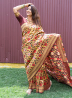 Monjolika Fashion Brown & Gold Paithani Silk Blend Saree with Gold Zari & Peacock Meenakari Motif | Grocsy